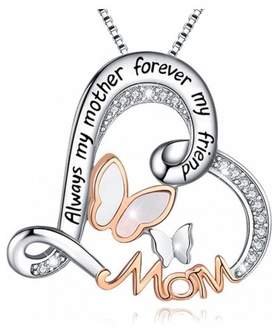 Mom Necklace S925 Sterling Silver Always My Mother Forever My Friend Love Heart Butterfly Pendant Necklaces Jewelry Gifts for...