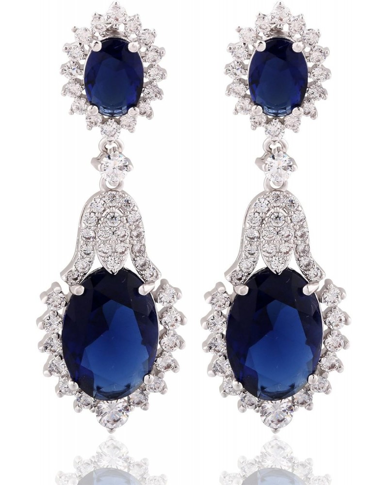 Vintage Design Long Luxury Oval CZ Stone Silver Tone Blue -Sapphire Color Drop Earrings $10.25 Earrings