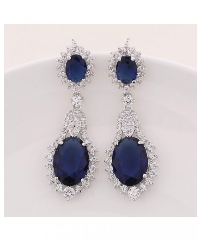 Vintage Design Long Luxury Oval CZ Stone Silver Tone Blue -Sapphire Color Drop Earrings $10.25 Earrings