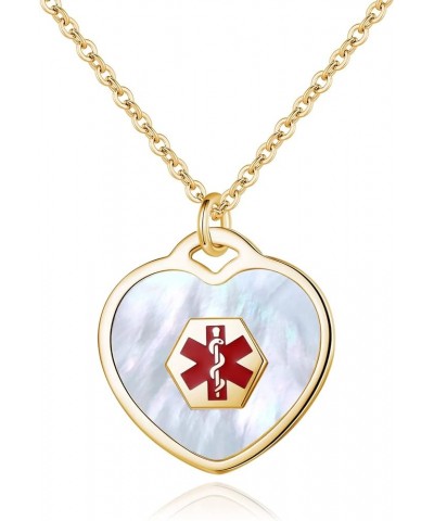 Pearl/Shell Heart Medical Alert Necklace for Women Stainless steel medical id necklace with Free Engraving-24 in chain GOLD $...