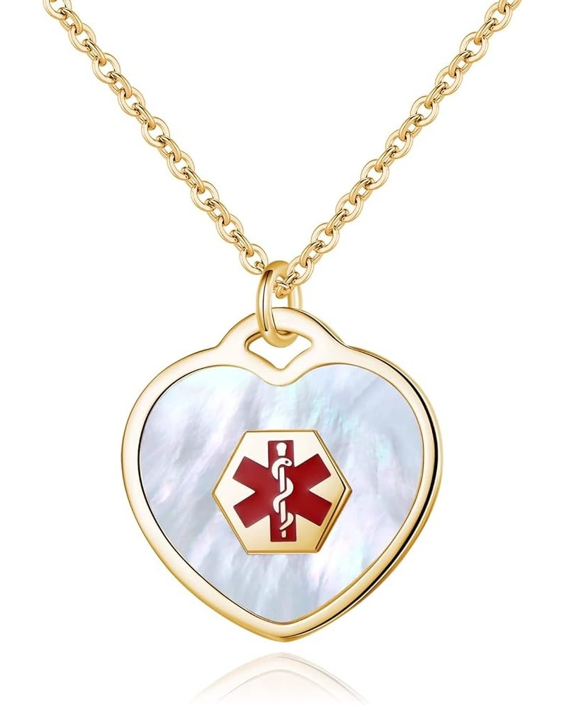 Pearl/Shell Heart Medical Alert Necklace for Women Stainless steel medical id necklace with Free Engraving-24 in chain GOLD $...