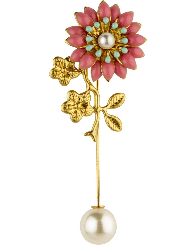 Pink Turquoise and Pearl Detailing Flower with Gold Stem Lapel Pin/Brooch $8.48 Brooches & Pins