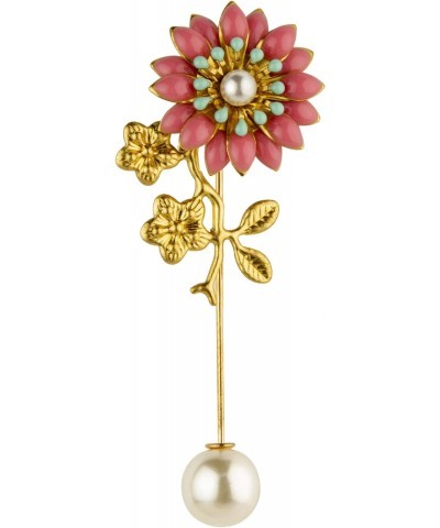 Pink Turquoise and Pearl Detailing Flower with Gold Stem Lapel Pin/Brooch $8.48 Brooches & Pins