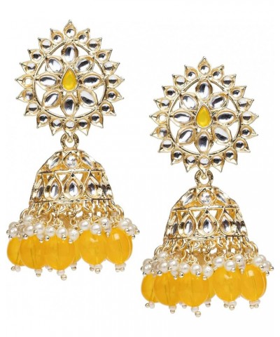 Women's Indian Jhumka Earrings (Gold-Plated, Kundan Stone, Faux Pearl, Colored Drops) Yellow $12.92 Earrings