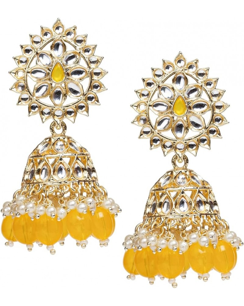 Women's Indian Jhumka Earrings (Gold-Plated, Kundan Stone, Faux Pearl, Colored Drops) Yellow $12.92 Earrings