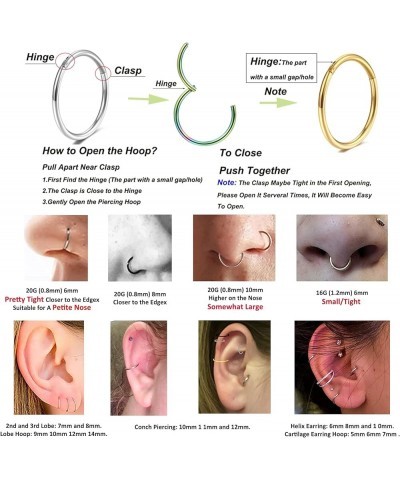 Gold Hinged 20g 18g 16g Nose Rings Hoops 6mm 8mm 10mm 12mm 14mm 16mm Septum Ring Clicker Cartilage Helix Hoop Earrings Set 20...