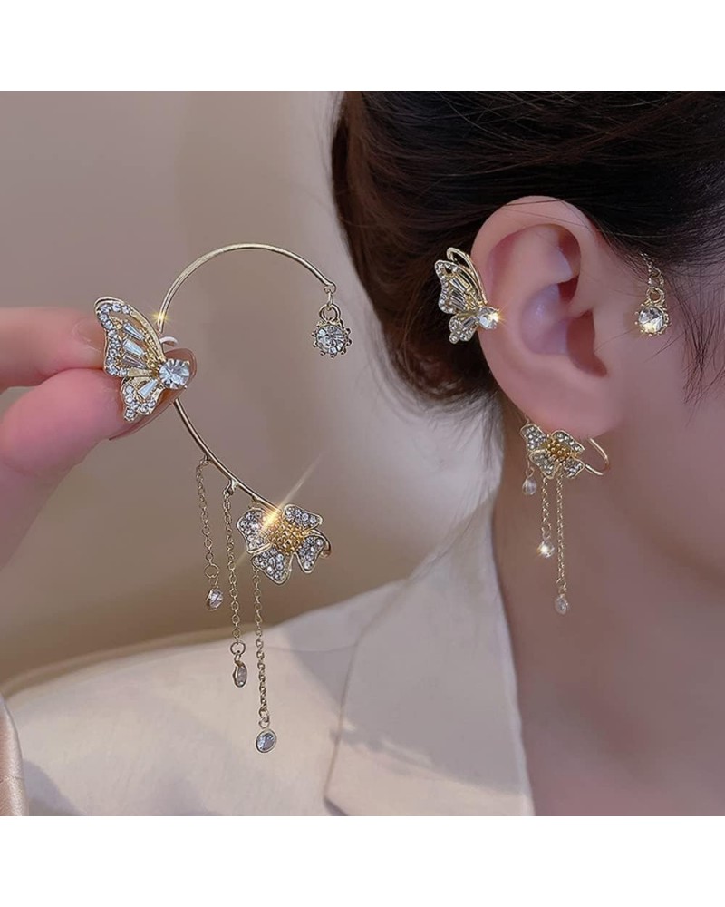 2pcs Crystal Butterfly Flower Ear CuffsNon-Pierced Vintage Sparkling Rhinestone Butterfly Tassel Cartilage Climber Ear Wrap P...