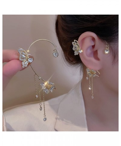 2pcs Crystal Butterfly Flower Ear CuffsNon-Pierced Vintage Sparkling Rhinestone Butterfly Tassel Cartilage Climber Ear Wrap P...