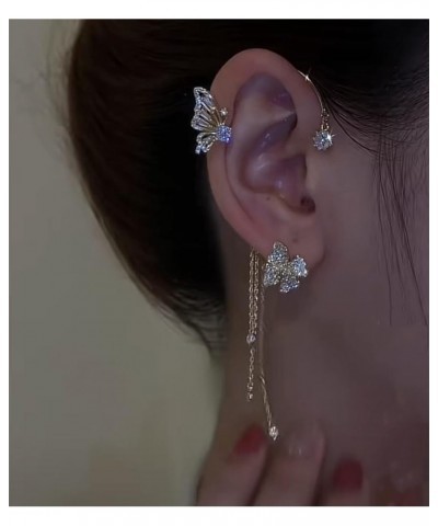 2pcs Crystal Butterfly Flower Ear CuffsNon-Pierced Vintage Sparkling Rhinestone Butterfly Tassel Cartilage Climber Ear Wrap P...