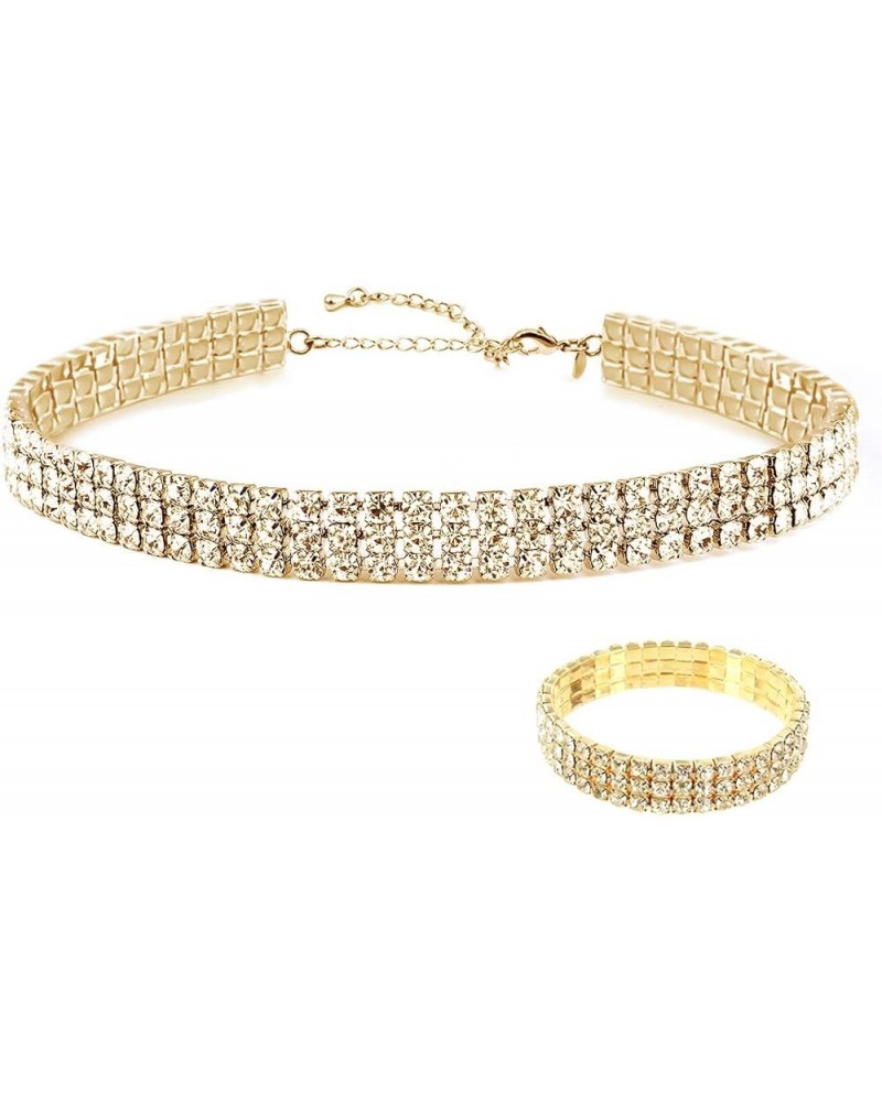 18K Yellow Gold Plated 1-5 Rows Rhinestone Choker Necklace & Stretch Bracelets Set Wedding Jewelry 3 Row $14.24 Necklaces