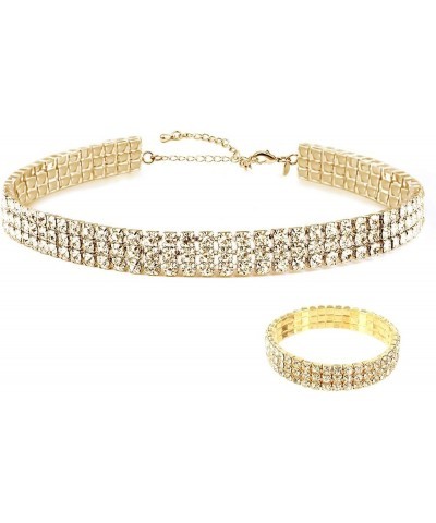 18K Yellow Gold Plated 1-5 Rows Rhinestone Choker Necklace & Stretch Bracelets Set Wedding Jewelry 3 Row $14.24 Necklaces