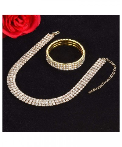 18K Yellow Gold Plated 1-5 Rows Rhinestone Choker Necklace & Stretch Bracelets Set Wedding Jewelry 3 Row $14.24 Necklaces