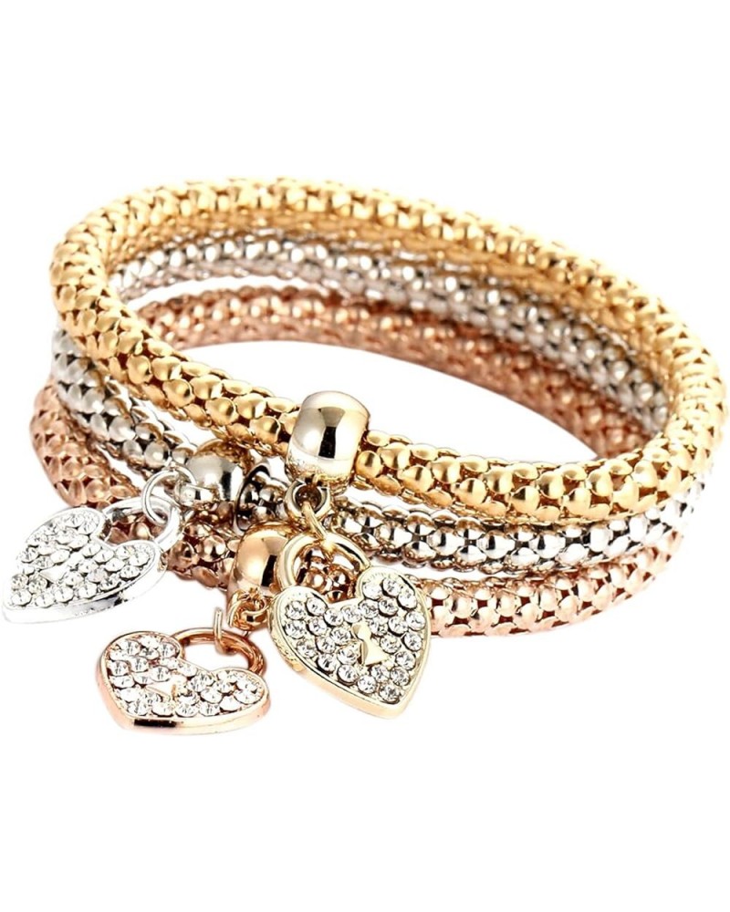 Multilayer Bracelets for Women, 3pcs Gold /Silver /Rose Gold Corn Chain Bracelet for Women, Lady and Girl Heart Shaped Stretc...