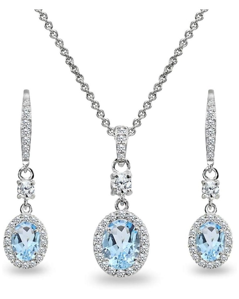 Sterling Silver Genuine or Synthetic Gemstone Oval Halo Pendant Necklace & Dangle Earrings Jewelry Set for Women Girls with B...