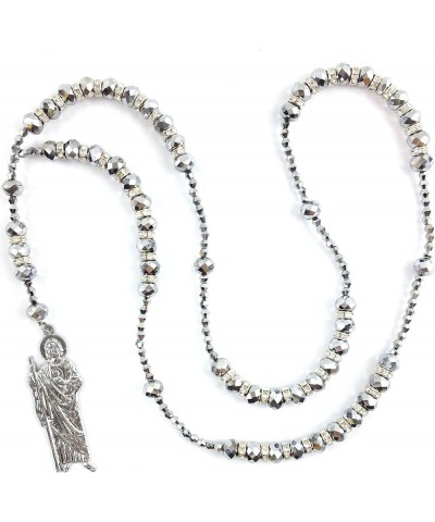 San Judas Crystal Glass Bead Prayer Silver Beads Rosary Rosario Grey $19.73 Necklaces