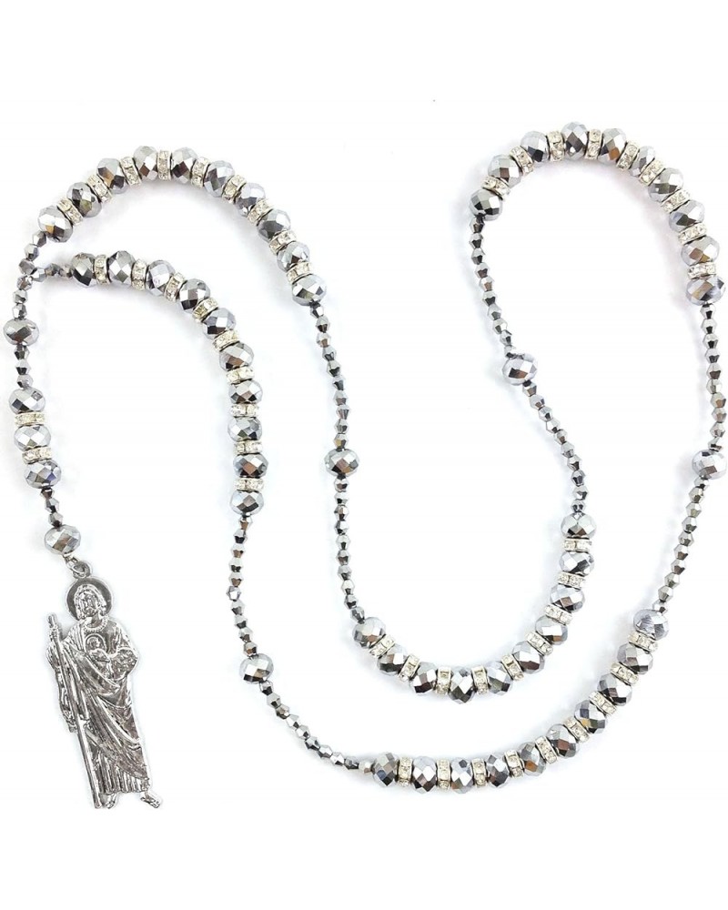 San Judas Crystal Glass Bead Prayer Silver Beads Rosary Rosario Grey $19.73 Necklaces