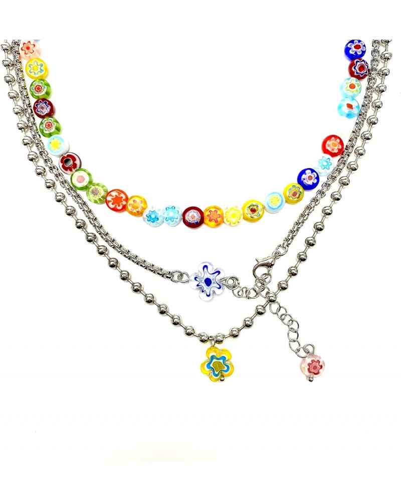 Y2k Necklace Layered Colorful Beaded Necklace Y2K Bead Choker Necklaces with Flower Pendant Indie Jewelry for Teen Girls Woma...