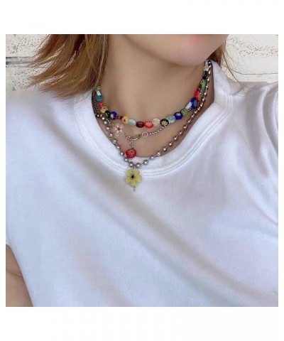 Y2k Necklace Layered Colorful Beaded Necklace Y2K Bead Choker Necklaces with Flower Pendant Indie Jewelry for Teen Girls Woma...