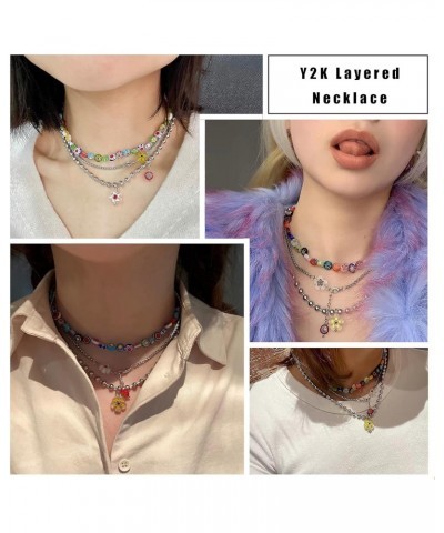 Y2k Necklace Layered Colorful Beaded Necklace Y2K Bead Choker Necklaces with Flower Pendant Indie Jewelry for Teen Girls Woma...