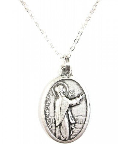 Silver Tone St Genevieve Medal Pendant Necklace Ladies 20 inch Chain $10.48 Necklaces