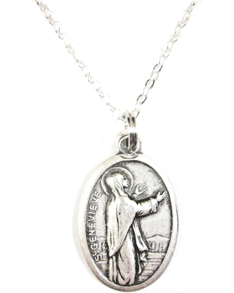 Silver Tone St Genevieve Medal Pendant Necklace Ladies 20 inch Chain $10.48 Necklaces