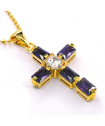 Cross Pendant with 18" Chain & Rectangular Cut CZ [6 Colors available] in Yellow Gold Plated, Simple Modern Elegant Purple $8...