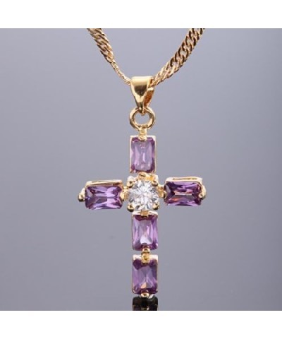 Cross Pendant with 18" Chain & Rectangular Cut CZ [6 Colors available] in Yellow Gold Plated, Simple Modern Elegant Purple $8...