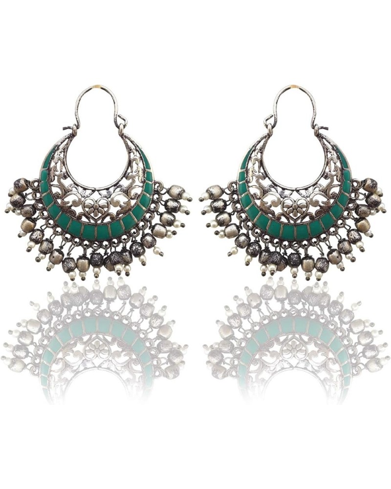 Traditional Indian Chandbali Kundan Hoop Earrings With Pearls for Women Green $7.83 Earrings