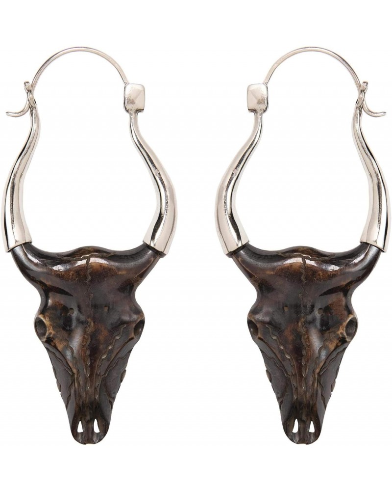 Women's 925 Sterling Silver Hand Carved Bone Long Buffalo Skull Tribal Boho Earrings $29.86 Earrings