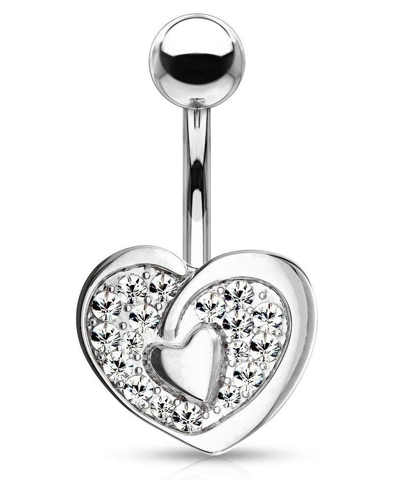 Surgical Steel Fancy Pave CZ Double Heart Belly Button Ring Silver Tone $9.34 Body Jewelry