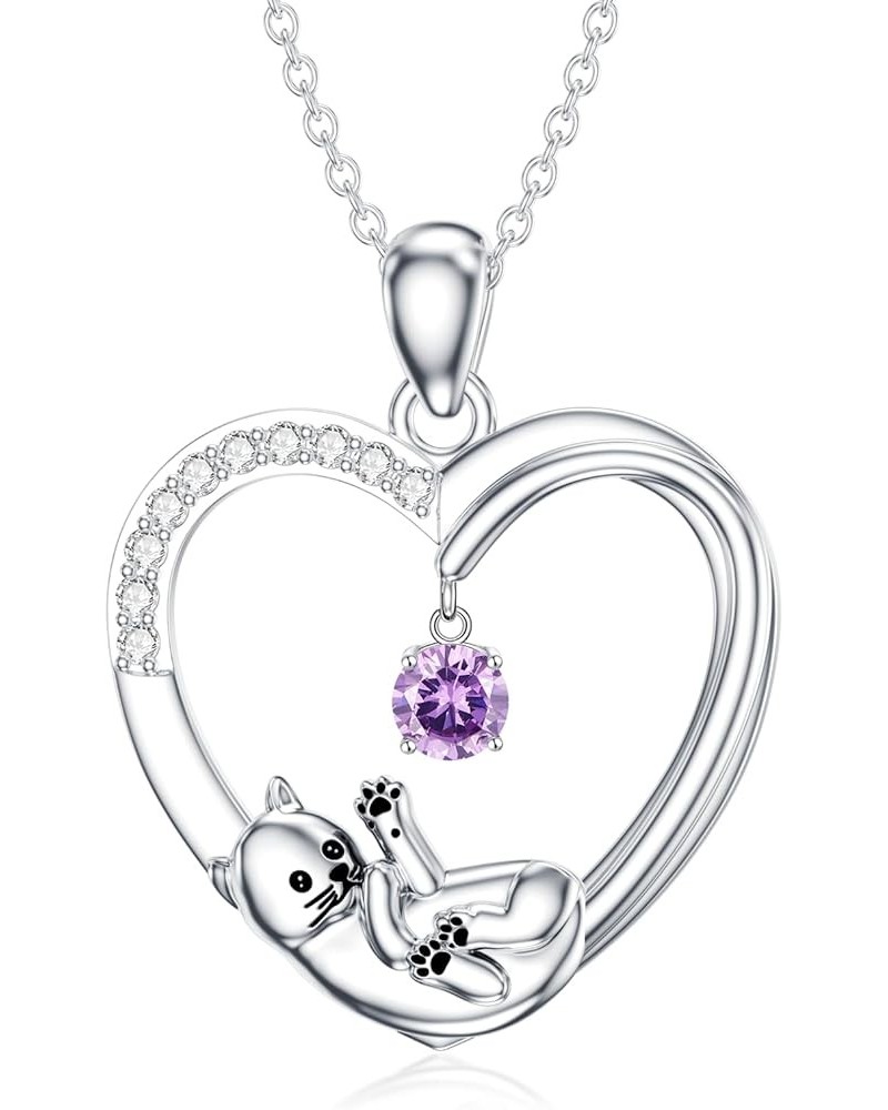 Cat Heart Necklace with Synthetic Birthstone Silver Cat Birthstone Necklace Gift for Women Girls June $36.91 Necklaces