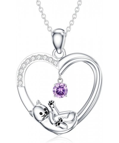 Cat Heart Necklace with Synthetic Birthstone Silver Cat Birthstone Necklace Gift for Women Girls June $36.91 Necklaces