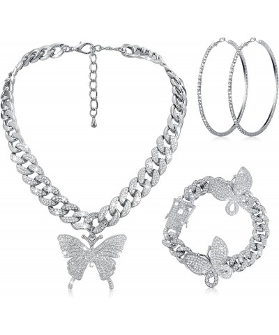 3 Pieces Butterfly Cuban Jewelry Set Cuban Link Chain Necklace for Women Rhinestone Butterfly Pendant Necklace Rhinestone But...