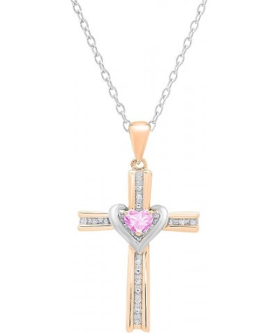 4mm Heart Lab Created Gemstone & Round Natural Diamond Heart Cross Pendant with 18 inch Silver Chain for Her in Two Tone Gold...