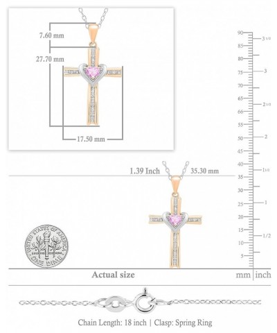 4mm Heart Lab Created Gemstone & Round Natural Diamond Heart Cross Pendant with 18 inch Silver Chain for Her in Two Tone Gold...