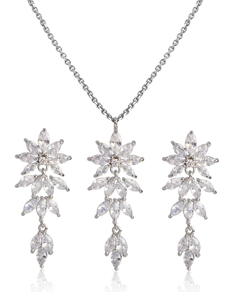 Wedding Jewelry Set for Brides - Women's Sterling Silver Bridal Cubic Zirconia CZ Rhinestone Diamond Leaf Flower Floral Clust...