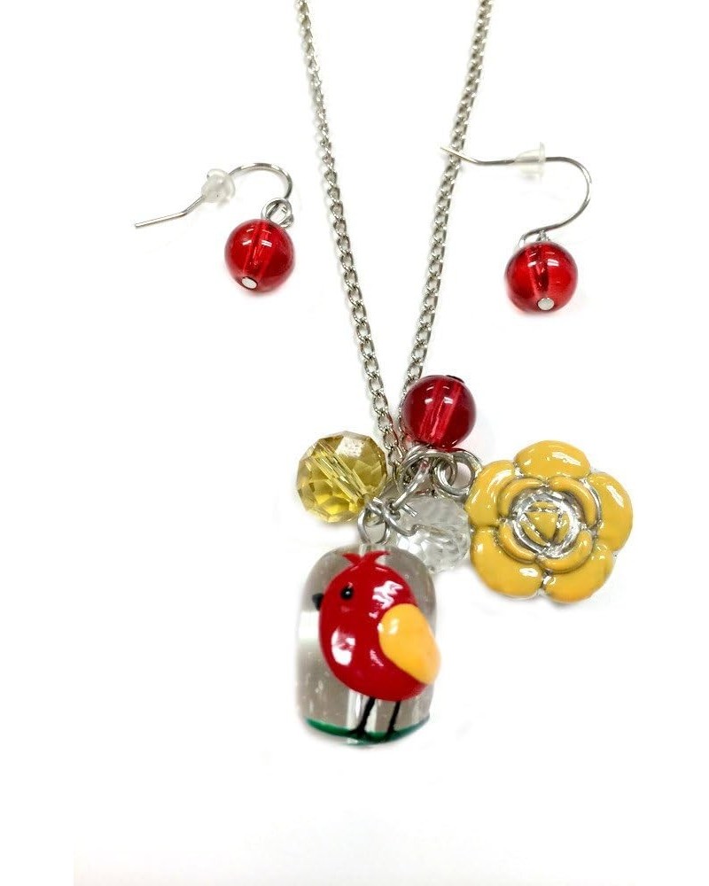 NE-3065B Fiona Hand Painted Bird and Flower Glass Bead, Crystal Pearl Beads, Flower Charms Necklace and Earrings Set, Red Bir...