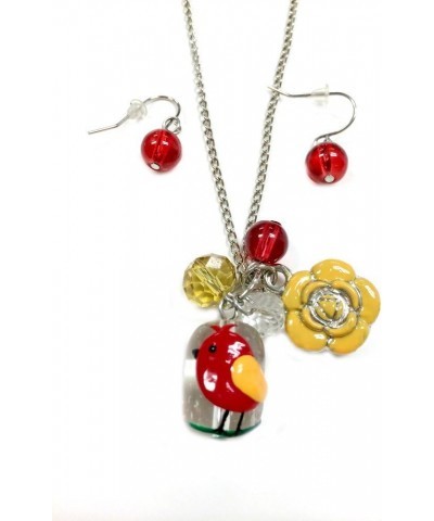 NE-3065B Fiona Hand Painted Bird and Flower Glass Bead, Crystal Pearl Beads, Flower Charms Necklace and Earrings Set, Red Bir...