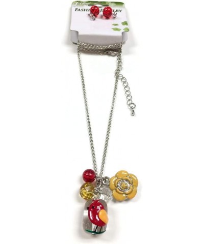 NE-3065B Fiona Hand Painted Bird and Flower Glass Bead, Crystal Pearl Beads, Flower Charms Necklace and Earrings Set, Red Bir...