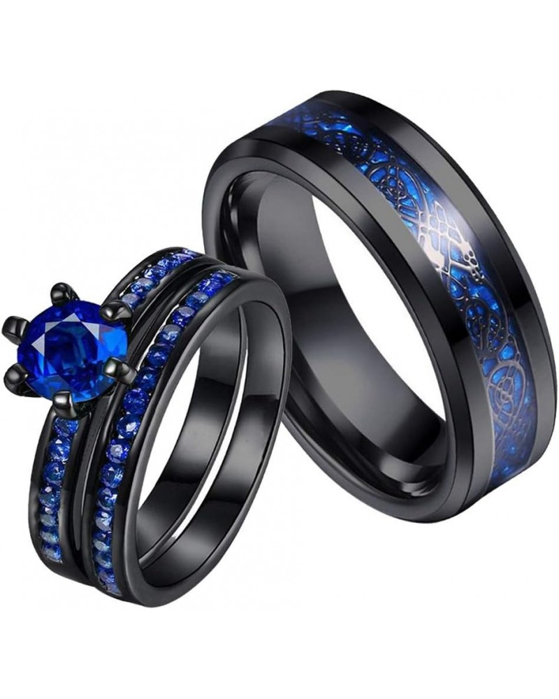 Couple Rings Black Plated Round cut Blue Cz Womens Wedding Ring Sets Stainless Steel Men Wedding Band Blue1 Men size7 $9.40 B...