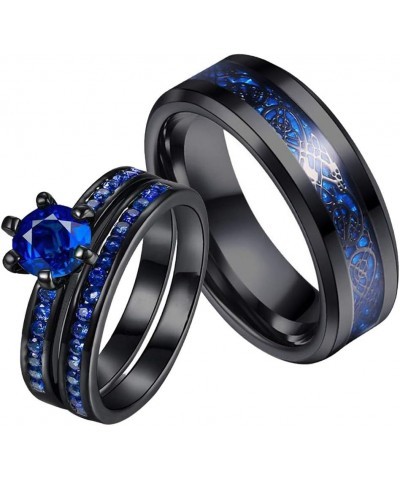 Couple Rings Black Plated Round cut Blue Cz Womens Wedding Ring Sets Stainless Steel Men Wedding Band Blue1 Men size7 $9.40 B...