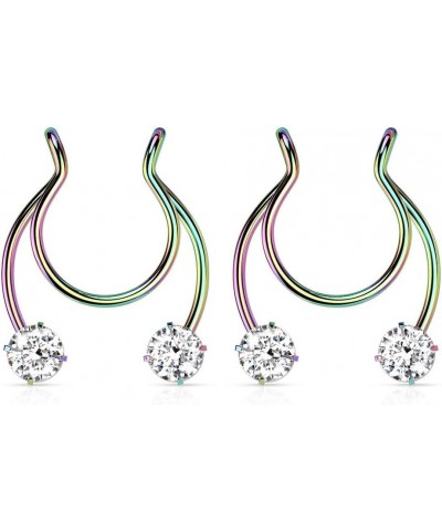 18GA Stainless Steel Prong Set CZ Crystal Horseshoe Clip On Non-Pierce Fake Septum Nipple Rings, Sold as a Pair Rainbow $11.8...