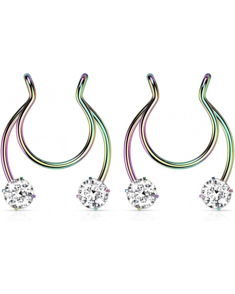 18GA Stainless Steel Prong Set CZ Crystal Horseshoe Clip On Non-Pierce Fake Septum Nipple Rings, Sold as a Pair Rainbow $11.8...