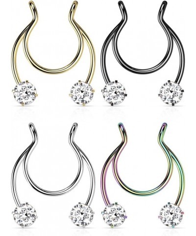 18GA Stainless Steel Prong Set CZ Crystal Horseshoe Clip On Non-Pierce Fake Septum Nipple Rings, Sold as a Pair Rainbow $11.8...