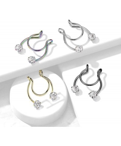 18GA Stainless Steel Prong Set CZ Crystal Horseshoe Clip On Non-Pierce Fake Septum Nipple Rings, Sold as a Pair Rainbow $11.8...