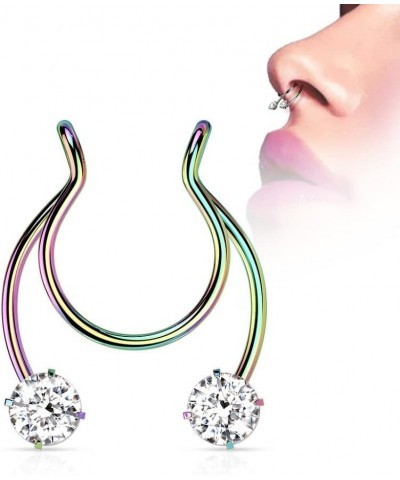 18GA Stainless Steel Prong Set CZ Crystal Horseshoe Clip On Non-Pierce Fake Septum Nipple Rings, Sold as a Pair Rainbow $11.8...