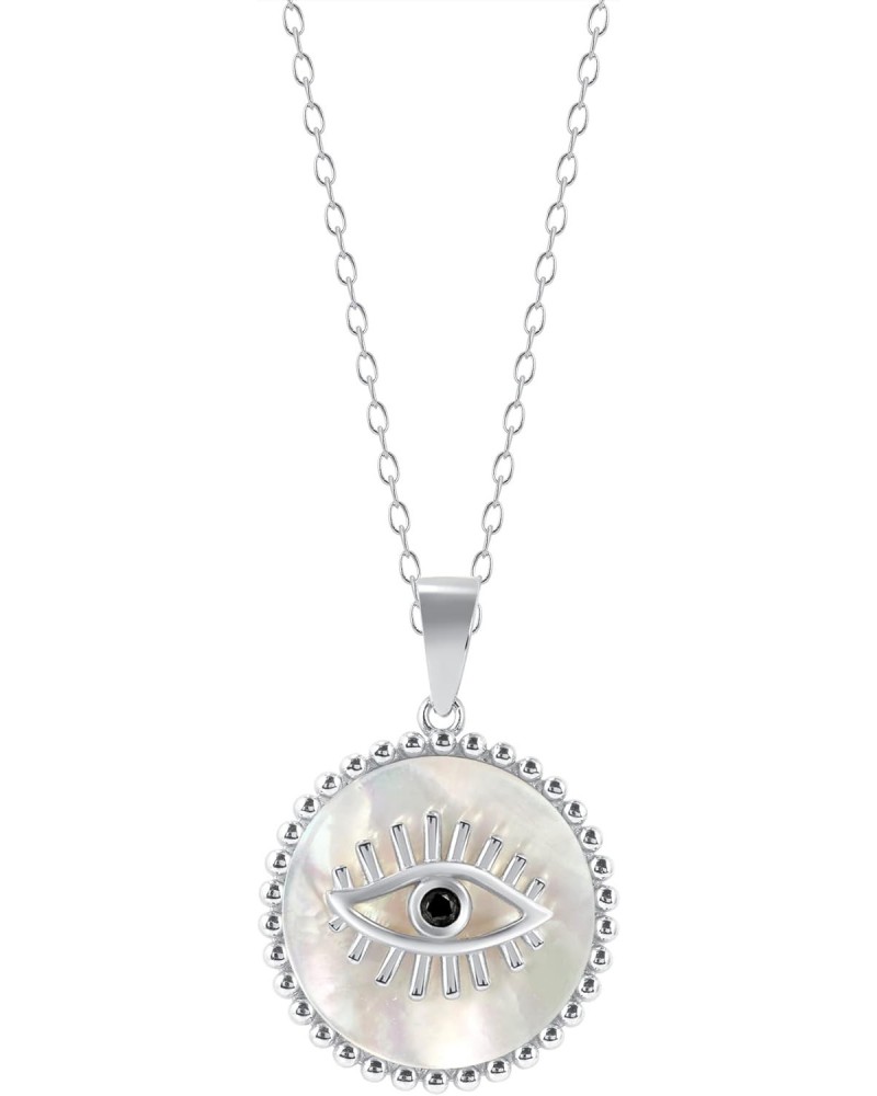 925 Sterling Silver Evil Eye Mother of Pearl Black Cz Pendant Charm Necklace Adjustable Cable Chain16 inches +2 inches Rhodiu...