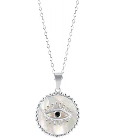 925 Sterling Silver Evil Eye Mother of Pearl Black Cz Pendant Charm Necklace Adjustable Cable Chain16 inches +2 inches Rhodiu...