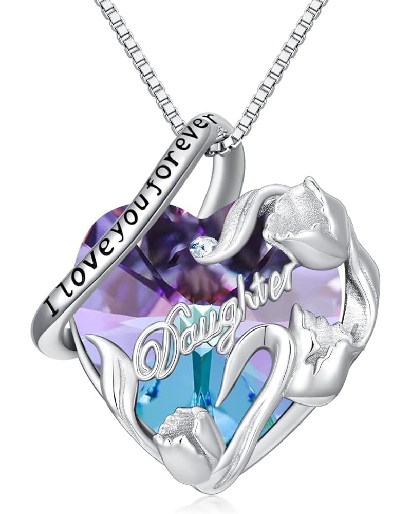 S925 Sterling Silver Daughter Heart Pendant Necklace from Dad Mom I Love You Forever Jewelry 12-06-June-Light Purple $18.48 N...