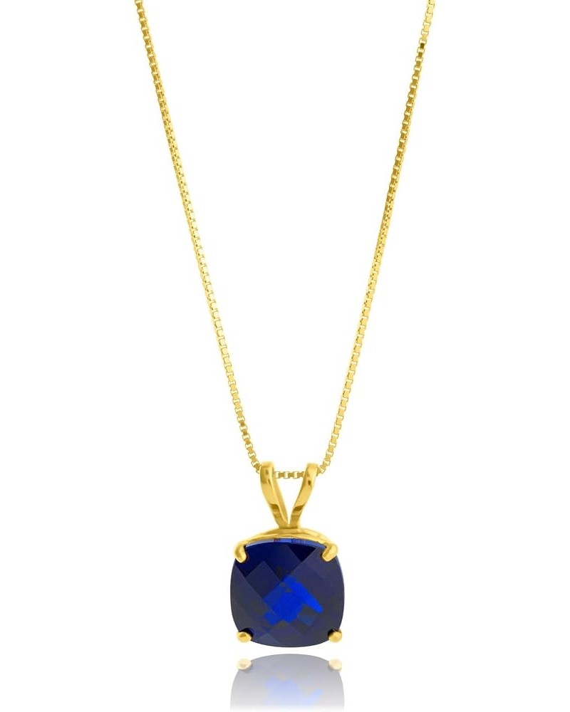 14k White Gold 8mm Cushion Cut Birthstone Pendant Necklace for Women with 18 inch Box Chain Created Blue Sapphire/Yellow Gold...